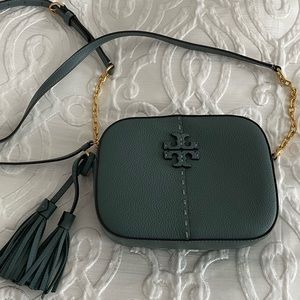 AUTH TORY BURCH McGraw Camera Tassels Pebbled Leather Crossbody- Blue